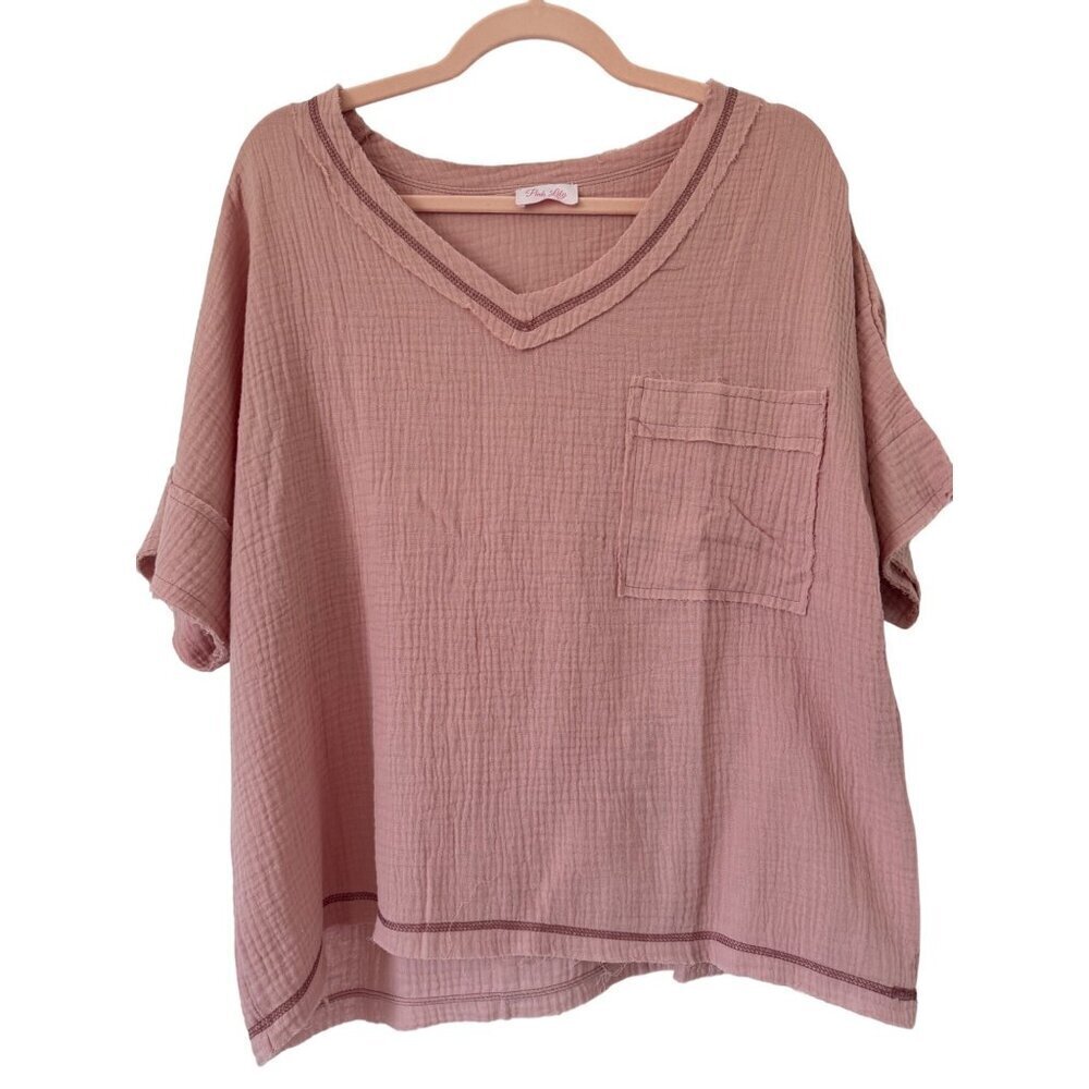 Pink Lily Precious Smile Mauve Raw Hem Pocket Blouse Small Cotton